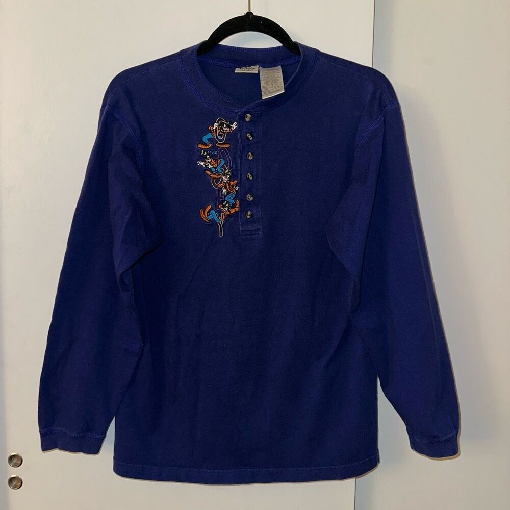 Disney Vintage Unisex Blue Goofy Henley Long Sleeve Medium Gently Worn